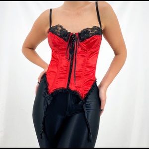 Fredrick’s of Hollywood Red Satin Bustier W/ Floral Print Lace Trim